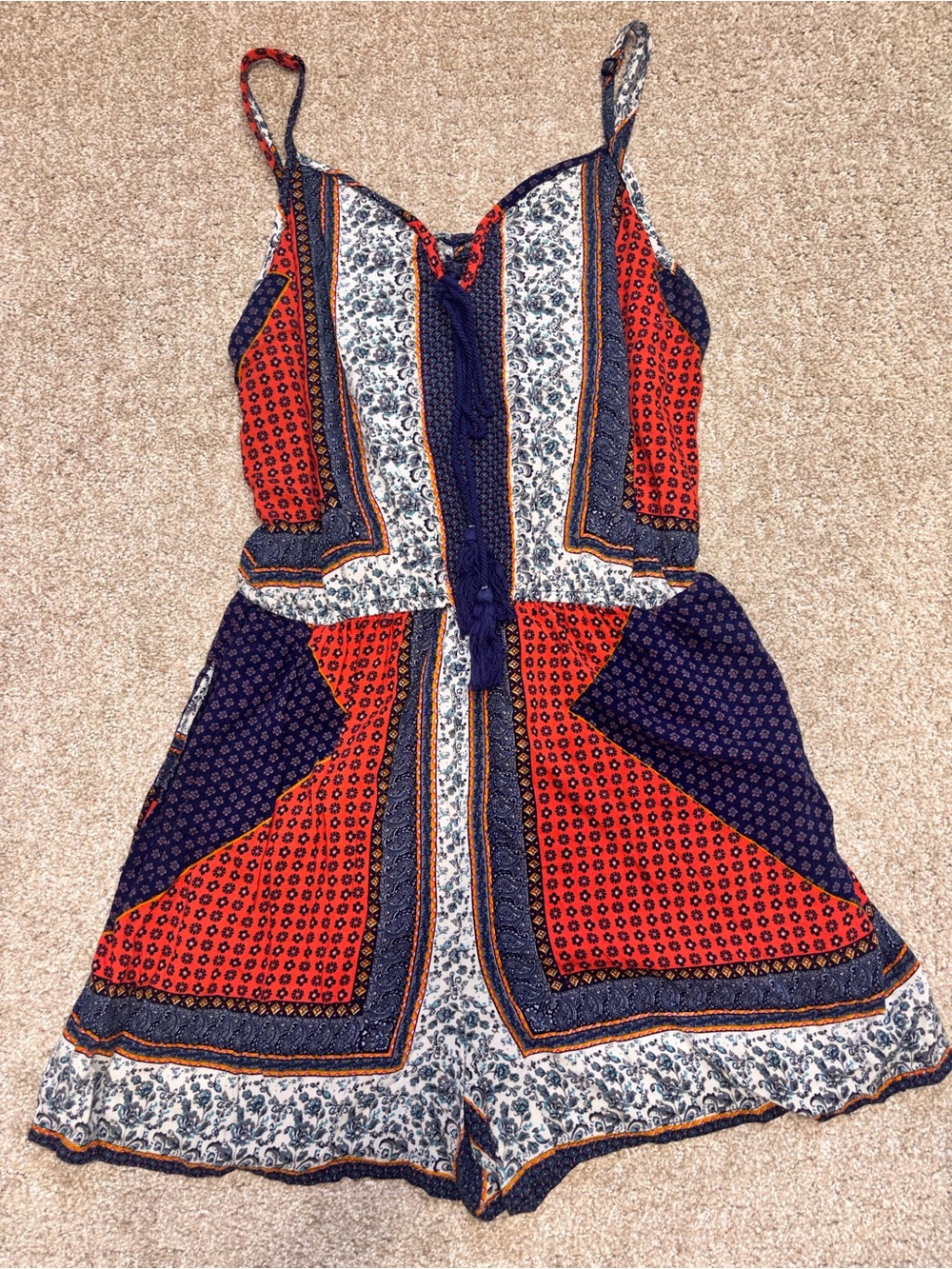 Women’s Red and Navy Patterned Sundress Romper